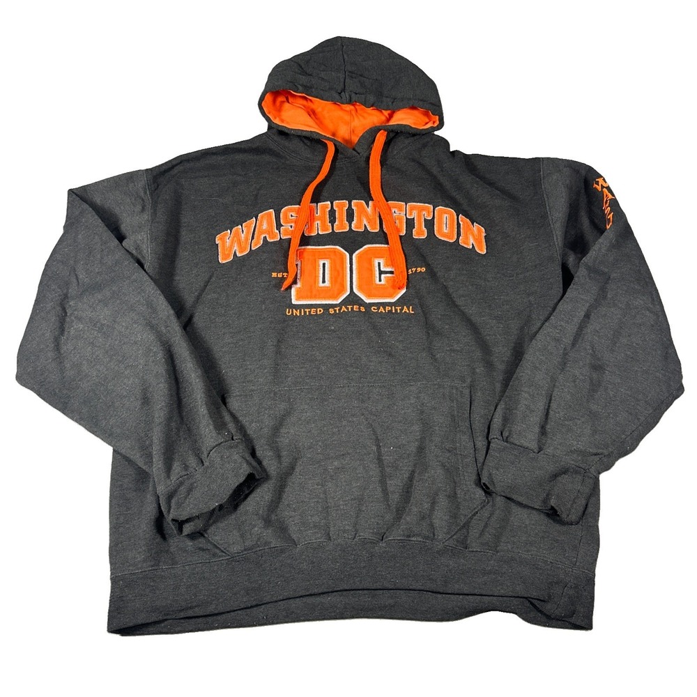 Washington DC Hoodie Mens XL Gray Orange Embroidered Pullover Fleece Sweatshirt